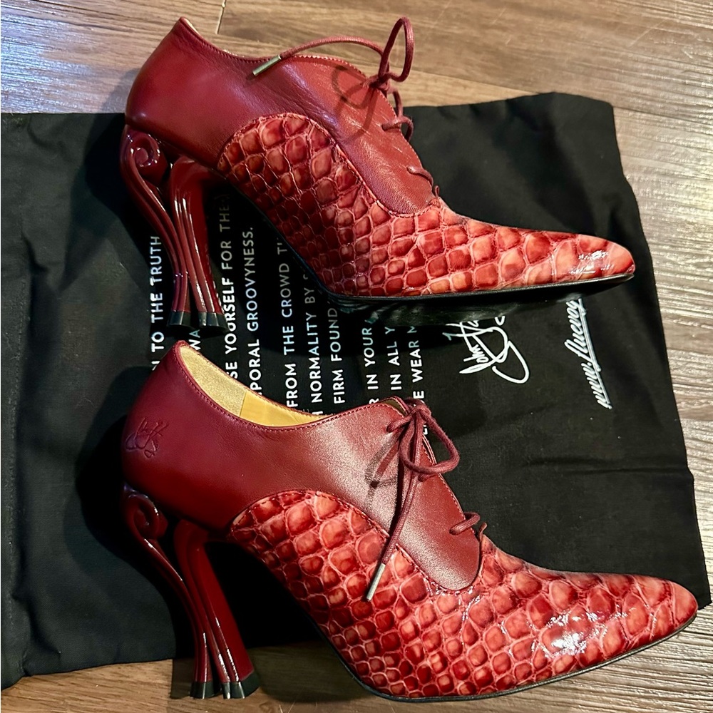 John Fluevog Red Textured Lace-Up Heels - Picture 3 of 5